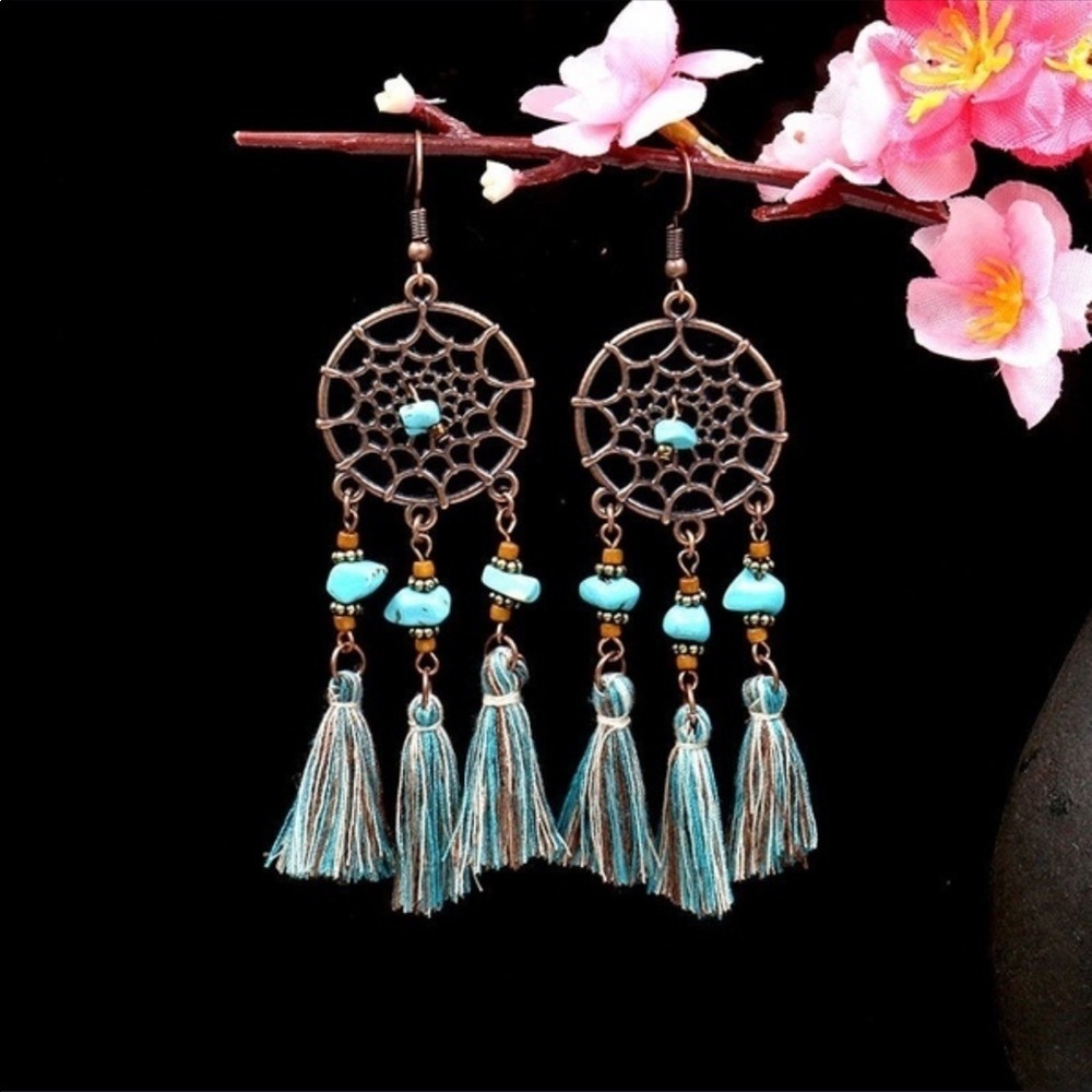 Bohemian dream catcher tassel wire dangle earrings